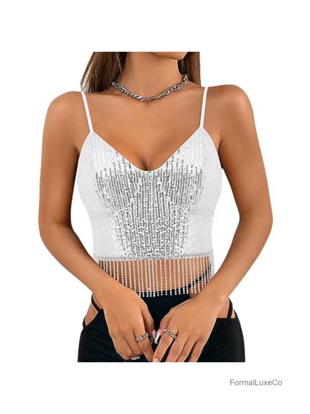 Sequin Spaghetti Strap Crop Tank Top Sleeveless V-Neck Rave Clubwear Shiny